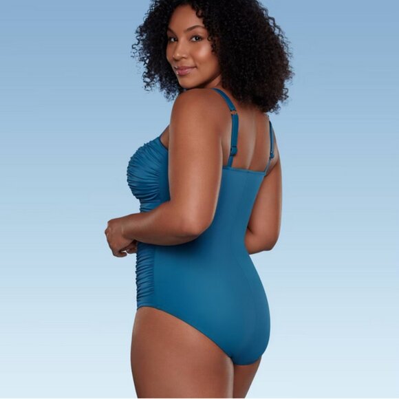 UPF 50 Sweetheart Neck Seamed One Piece Swimsuit - Aqua Green Dark Teal Green 12 - Picture 2 of 6
